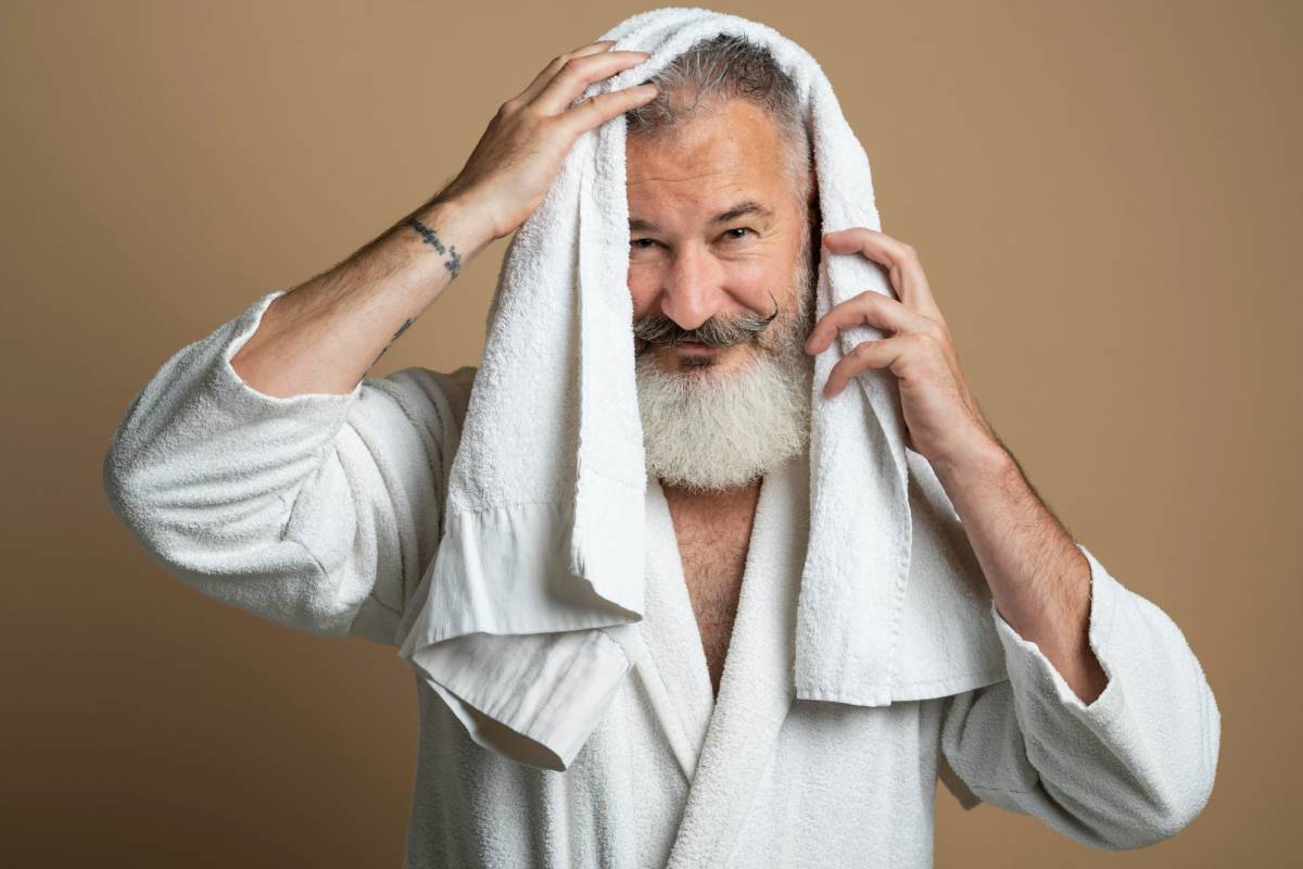 Homme âgé revenant de la douche